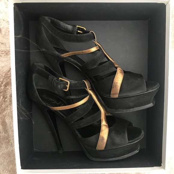 Saint Laurent Tribute Black and Gold Metallic Heel - Picture 1 of 7